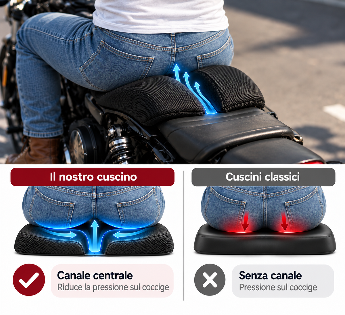 Cuscino moto NOLYA con canale centrale