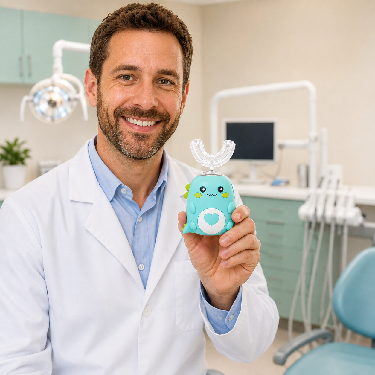 Dentist holding Nolya Kids DinoKid toothbrush