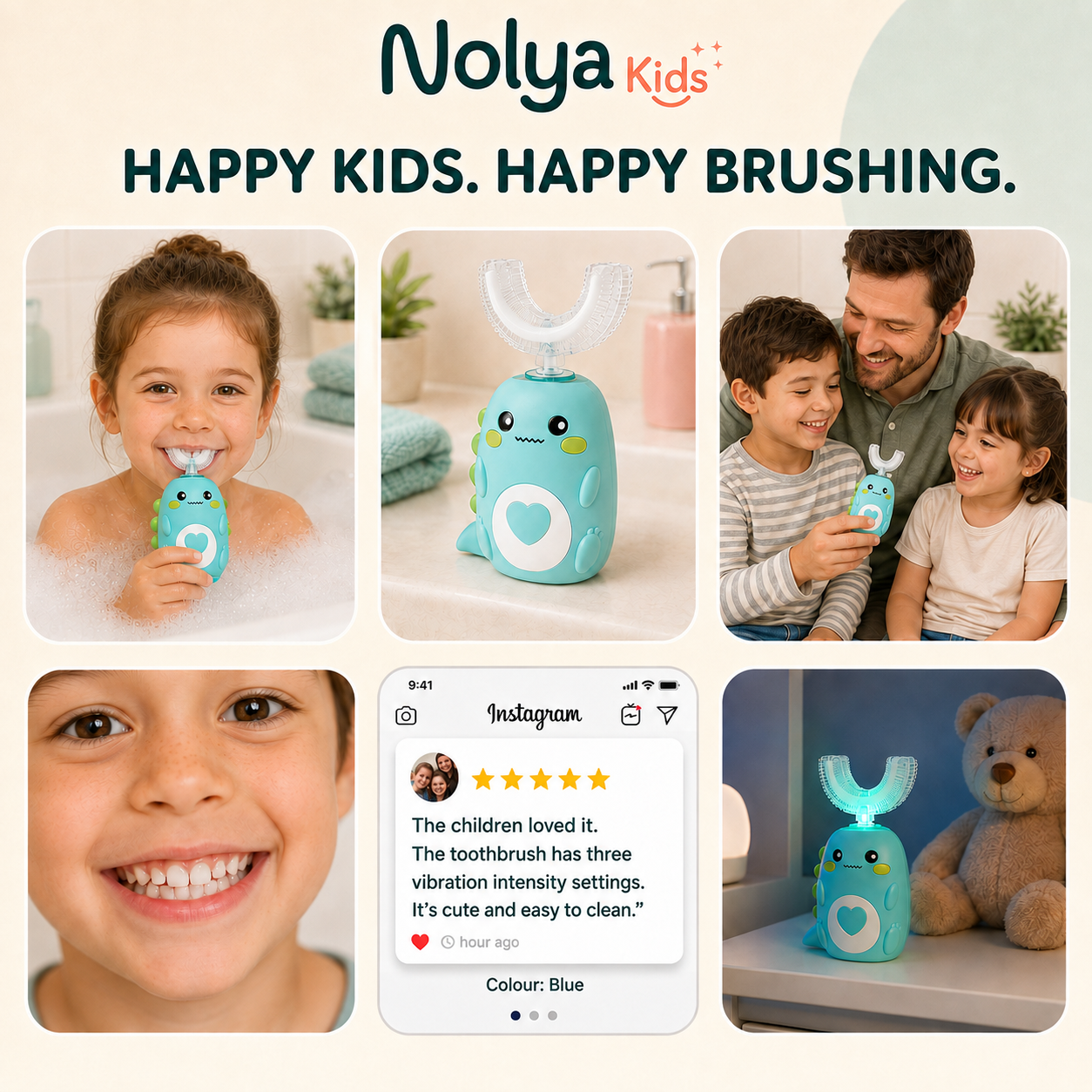 Happy kids using DinoKid toothbrush lifestyle collage
