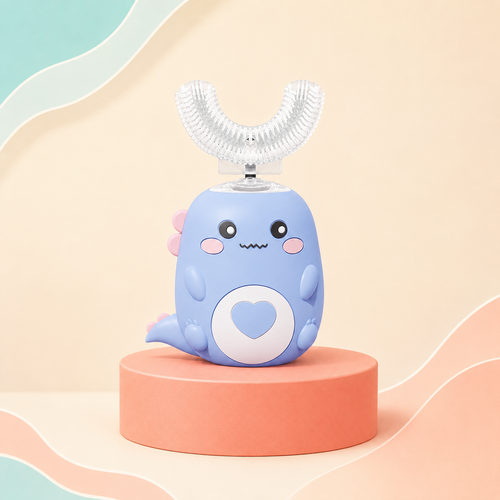 Nolya Kids DinoKid blue U-shape kids toothbrush on coral podium